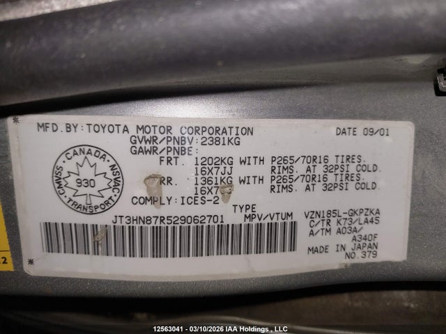 2002 Toyota 4runner Limited მანქანა იყიდება აუქციონზე, vin: JT3HN87R529062701, აუქციონის ნომერი: 12563041