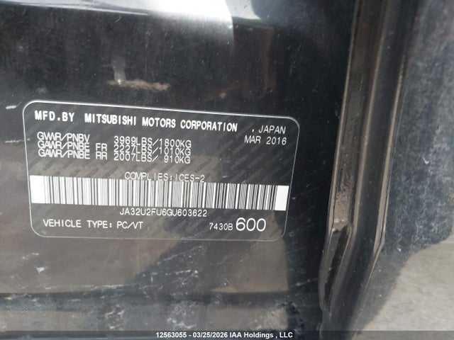 Aukcja sprzedaży 2016 Mitsubishi Lancer Es/se Ltd, vin: JA32U2FU6GU603622, numer aukcji: 12563055