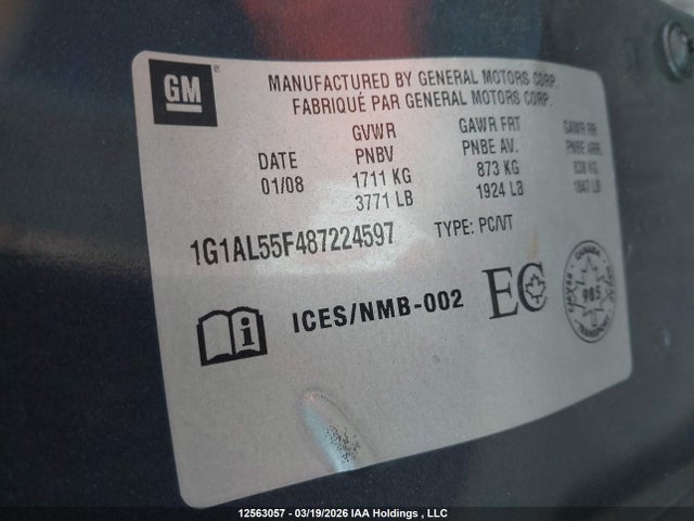 12563057 :رقم المزاد ، 1G1AL55F487224597 vin ، 2008 Chevrolet Cobalt Lt مزاد بيع