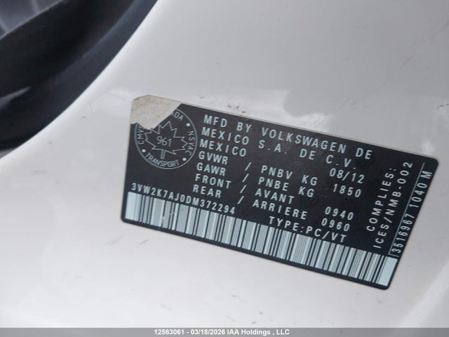 12563061 :رقم المزاد ، 3VW2K7AJ0DM372294 vin ، 2013 Volkswagen Jetta 2.0l Trendline/2.0l Trendline+ مزاد بيع
