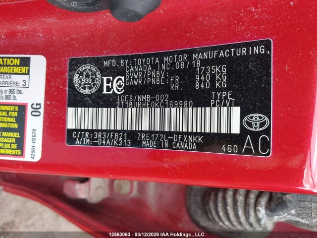 12563063 :رقم المزاد ، 2T1BURHE0KC169980 vin ، 2019 Toyota Corolla Le مزاد بيع