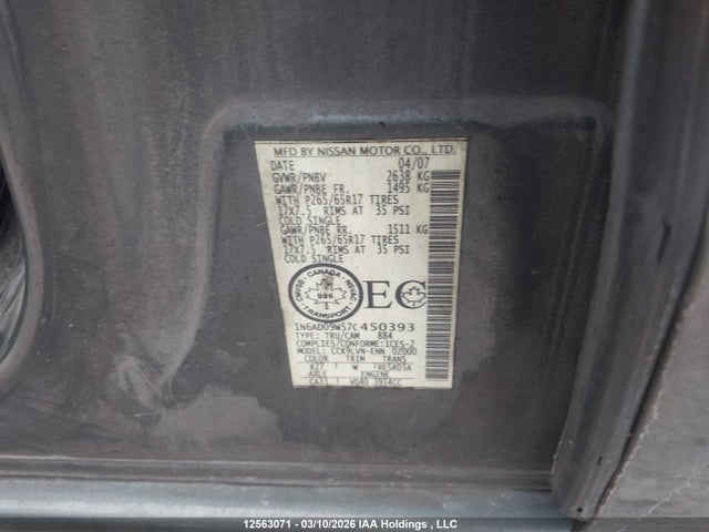 2007 Nissan Frontier Le მანქანა იყიდება აუქციონზე, vin: 1N6AD09W57C450393, აუქციონის ნომერი: 12563071