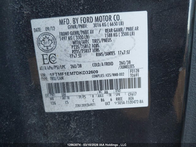 12563074 :رقم المزاد ، 1FTMF1EM7DKD32609 vin ، 2013 Ford F150 مزاد بيع