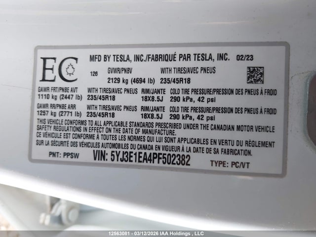 Продажа на аукционе авто 2023 Tesla Model 3, vin: 5YJ3E1EA4PF502382, номер лота: 12563081