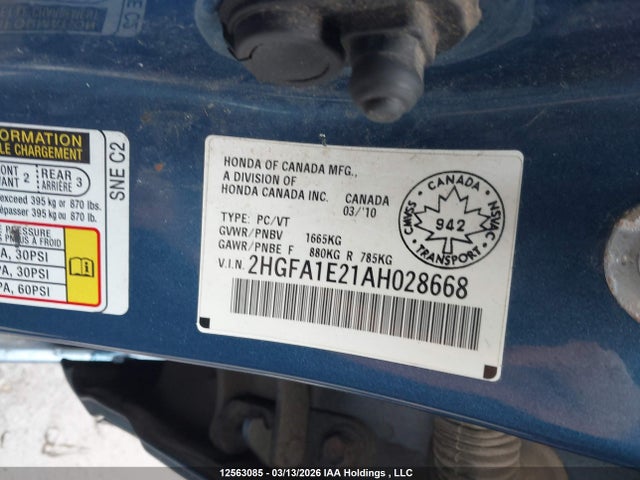 2010 Honda Civic Dx მანქანა იყიდება აუქციონზე, vin: 2HGFA1E21AH028668, აუქციონის ნომერი: 12563085