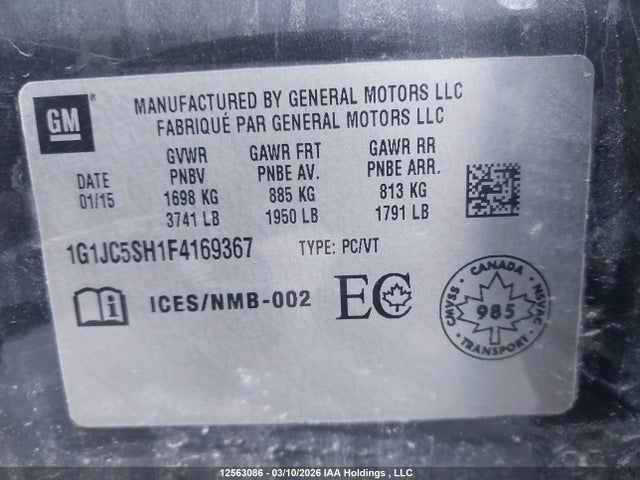 Продаж на аукціоні авто 2015 Chevrolet Sonic, vin: 1G1JC5SH1F4169367, номер лоту: 12563086