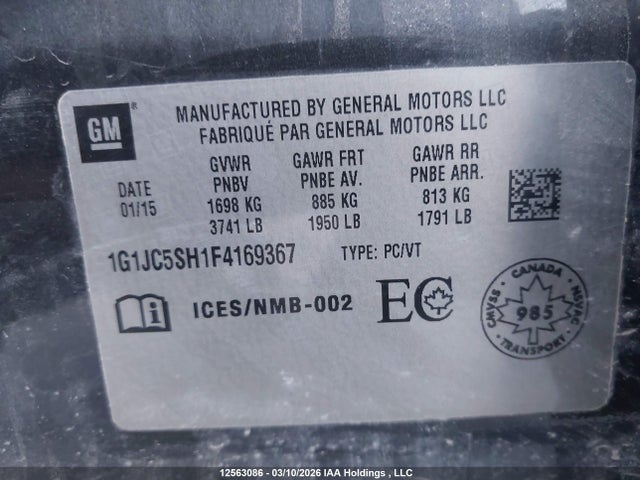 Продаж на аукціоні авто 2015 Chevrolet Sonic, vin: 1G1JC5SH1F4169367, номер лоту: 12563086