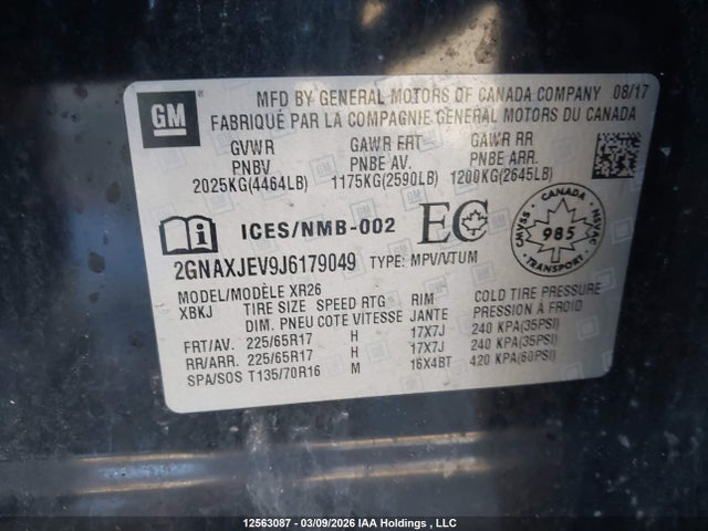 Aukcja sprzedaży 2018 Chevrolet Equinox Lt, vin: 2GNAXJEV9J6179049, numer aukcji: 12563087