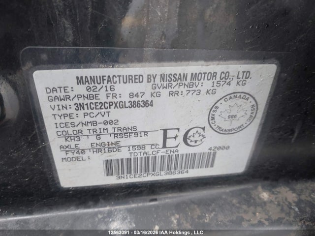 Aukcja sprzedaży 2016 Nissan Versa, vin: 3N1CE2CPXGL386364, numer aukcji: 12563091