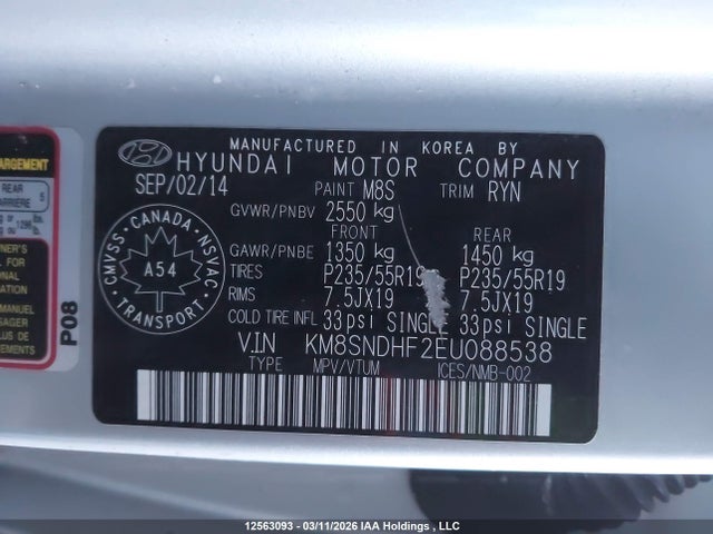 Aukcja sprzedaży 2014 Hyundai Santa Fe Gls, vin: KM8SNDHF2EU088538, numer aukcji: 12563093