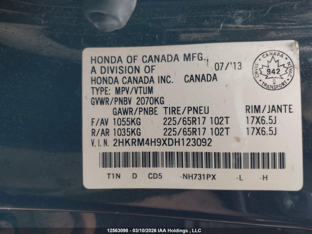 Продаж на аукціоні авто 2013 Honda Cr-v Touring, vin: 2HKRM4H9XDH123092, номер лоту: 12563098