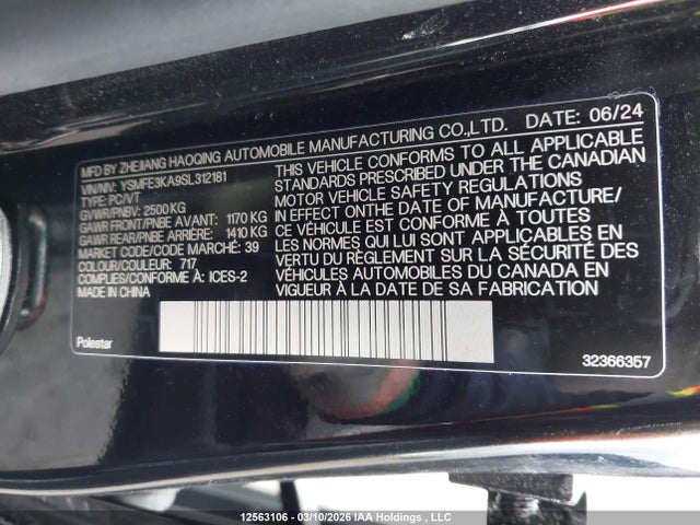 Продажа на аукционе авто 2025 Polestar 2 Long Range Single Motor, vin: YSMFE3KA9SL312181, номер лота: 12563106