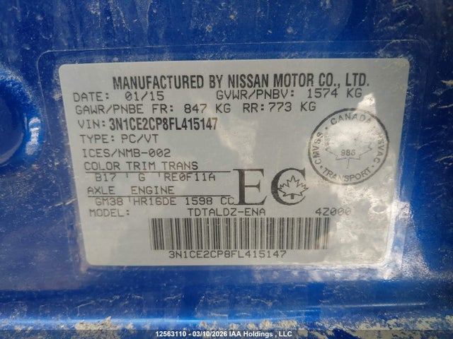 Продажа на аукционе авто 2015 Nissan Versa Note S/s Plus/sv/sl/sr, vin: 3N1CE2CP8FL415147, номер лота: 12563110