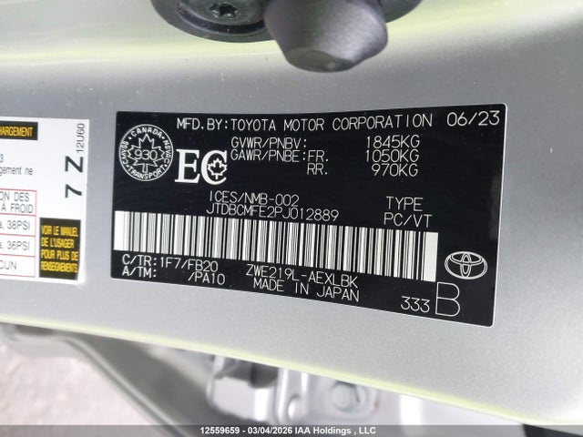 12559659 :رقم المزاد ، JTDBCMFE2PJ012889 vin ، 2023 Toyota Corolla Hybrid Le مزاد بيع