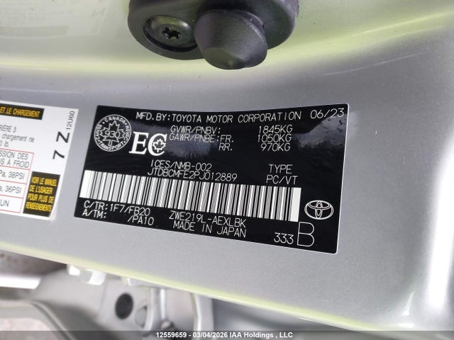 12559659 :رقم المزاد ، JTDBCMFE2PJ012889 vin ، 2023 Toyota Corolla Hybrid Le مزاد بيع