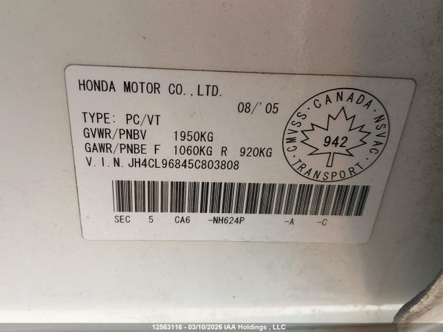 12563116 :رقم المزاد ، JH4CL96845C803808 vin ، 2005 Acura Tsx مزاد بيع