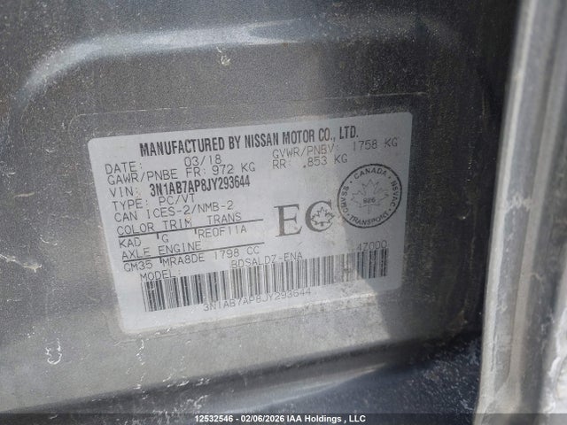 3N1AB7AP8JY293644 Nissan Sentra 1.8 S/1.8 Sv/1.8 Sv Midnight Edition