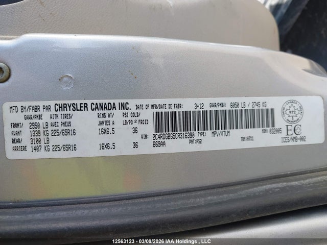 Продаж на аукціоні авто 2012 Dodge Grand Caravan Se/sxt, vin: 2C4RDGBG5CR316390, номер лоту: 12563123