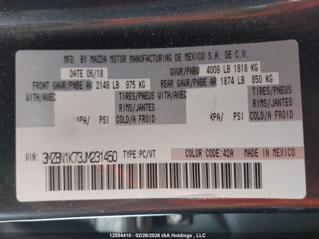 3MZBN1K73JM231450 Mazda Mazda3 Gx