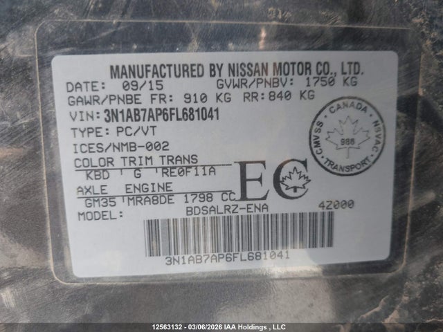 3N1AB7AP6FL681041 Nissan Sentra 1.8 S/1.8 Sl/1.8 Sr/1.8 Sv