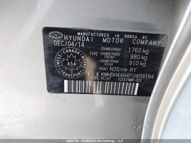 Продаж на аукціоні авто 2015 Hyundai Elantra Gls, vin: KMHDH4AH4FU409184, номер лоту: 12563136