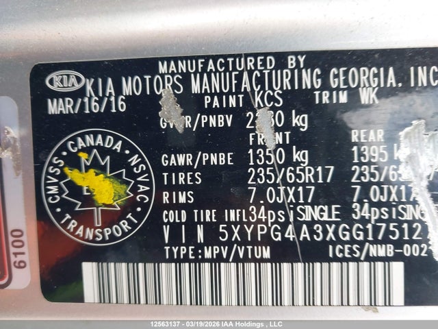 5XYPG4A3XGG175127 KIA Sorento Lx/l