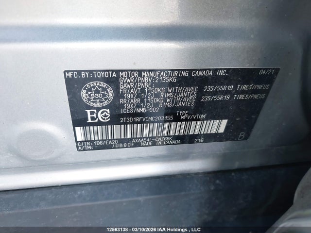 Продажа на аукционе авто 2021 Toyota Rav4 Limited, vin: 2T3D1RFV0MC203155, номер лота: 12563138