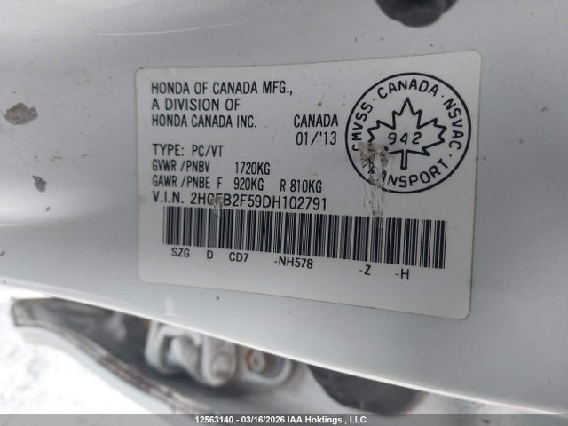 Продаж на аукціоні авто 2013 Honda Civic Ex, vin: 2HGFB2F59DH102791, номер лоту: 12563140