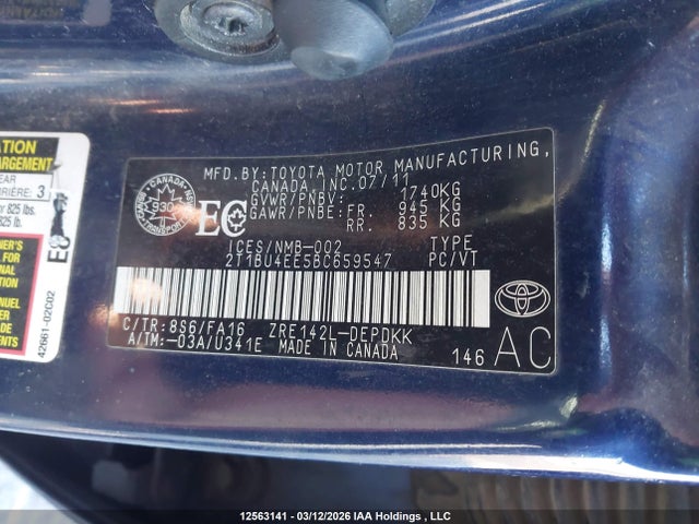 12563141 :رقم المزاد ، 2T1BU4EE5BC659547 vin ، 2011 Toyota Corolla مزاد بيع