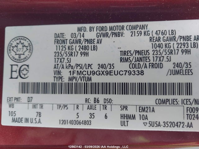 12563142 :رقم المزاد ، 1FMCU9GX9EUC79338 vin ، 2014 Ford Escape Se مزاد بيع