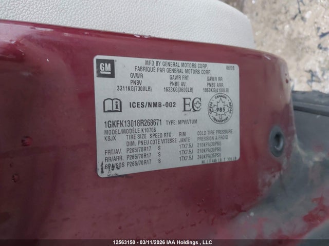 12563150 :رقم المزاد ، 1GKFK13018R268671 vin ، 2008 Gmc Yukon Sle/slt مزاد بيع