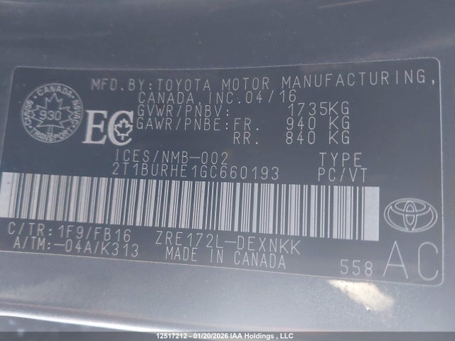 2T1BURHE1GC660193 Toyota COROLLA LE
