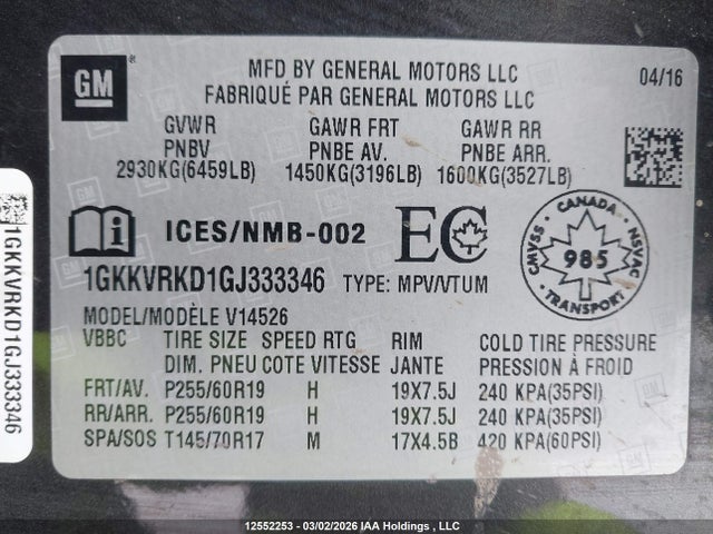 Aukcja sprzedaży 2016 Gmc Acadia Slt1, vin: 1GKKVRKD1GJ333346, numer aukcji: 12552253