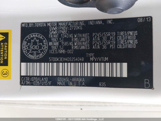 Aukcja sprzedaży 2013 Toyota Highlander Limited, vin: 5TDDK3EH4DS254048, numer aukcji: 12563151