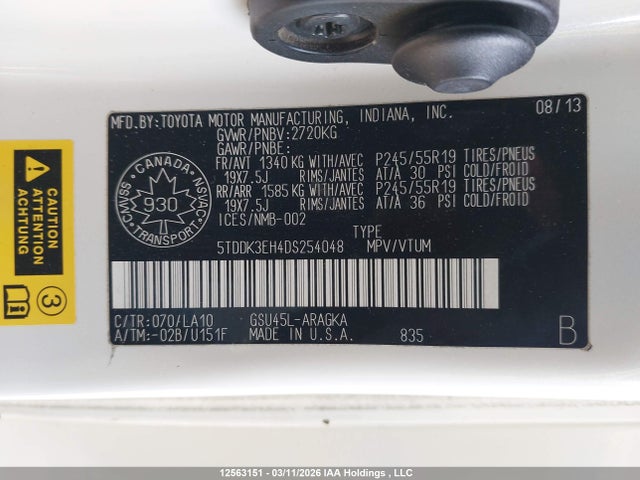 Aukcja sprzedaży 2013 Toyota Highlander Limited, vin: 5TDDK3EH4DS254048, numer aukcji: 12563151