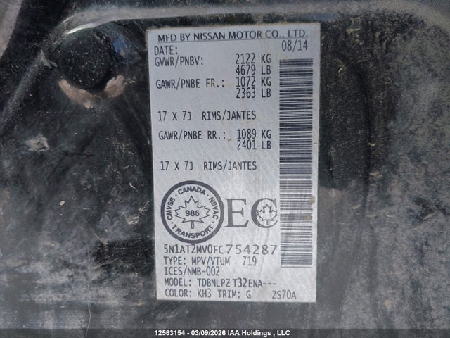 Продажа на аукционе авто 2015 Nissan Rogue S/sl/sv, vin: 5N1AT2MV0FC754287, номер лота: 12563154