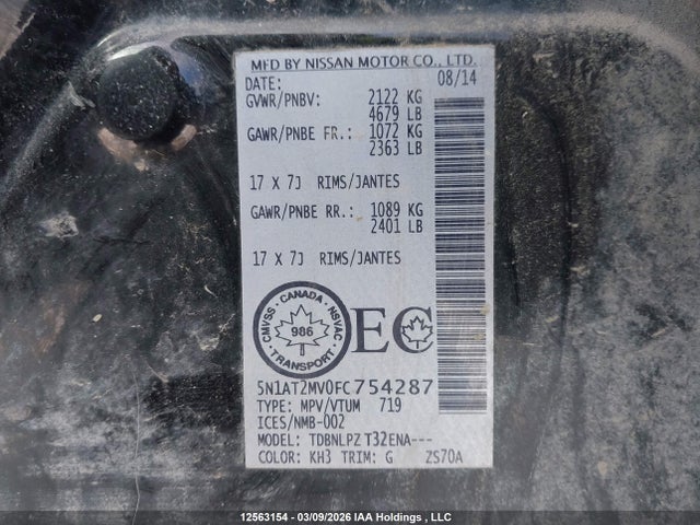 Продажа на аукционе авто 2015 Nissan Rogue S/sl/sv, vin: 5N1AT2MV0FC754287, номер лота: 12563154
