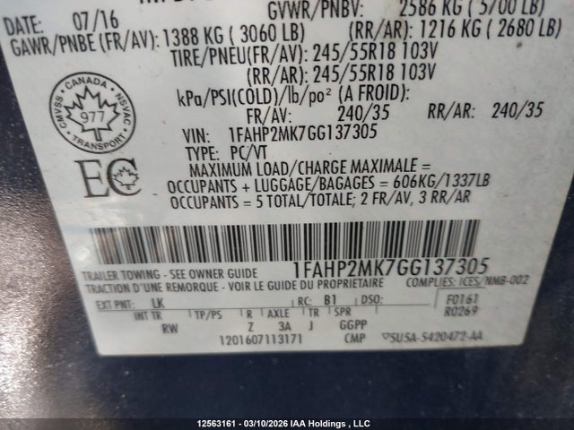12563161 :رقم المزاد ، 1FAHP2MK7GG137305 vin ، 2016 Ford Taurus مزاد بيع
