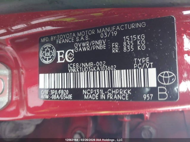 VNKKTUD34KA103602 Toyota Yaris