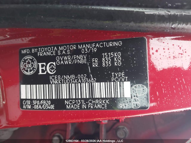 VNKKTUD34KA103602 Toyota Yaris