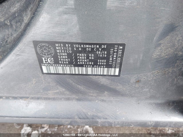 12563165 :رقم المزاد ، 3VWG57BU8KM092075 vin ، 2019 Volkswagen Jetta 1.4 Tsi Execline مزاد بيع