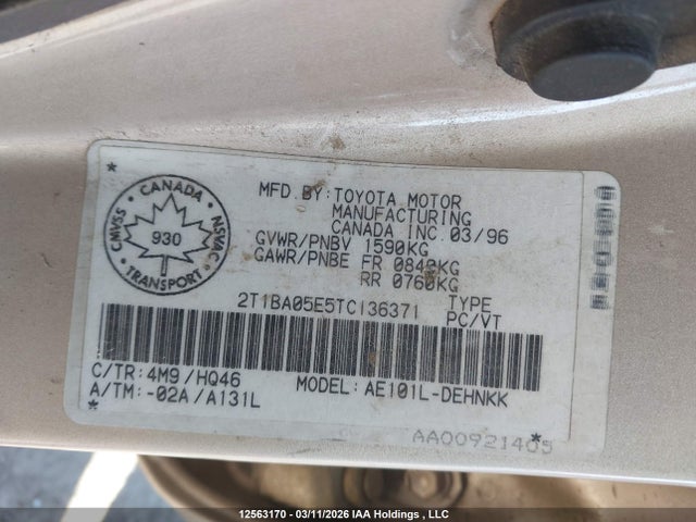 12563170 :رقم المزاد ، 2T1BA05E5TC136371 vin ، 1996 Toyota Corolla Dx مزاد بيع