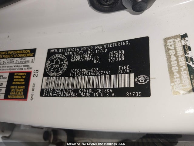 12563172 :رقم المزاد ، 4T1BK3EK4AU607751 vin ، 2010 Toyota Camry Se/le/xle مزاد بيع