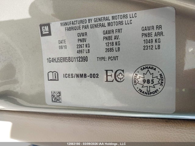 Продаж на аукціоні авто 2011 Buick Lucerne Cxl, vin: 1G4HJ5EM5BU112390, номер лоту: 12563180