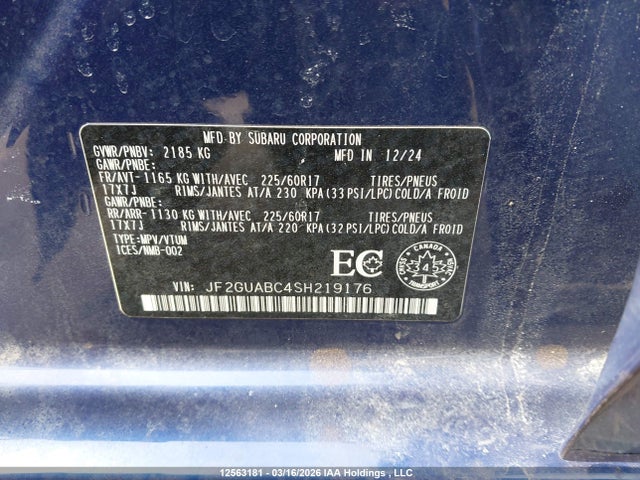 Aukcja sprzedaży 2025 Subaru Crosstrek, vin: JF2GUABC4SH219176, numer aukcji: 12563181
