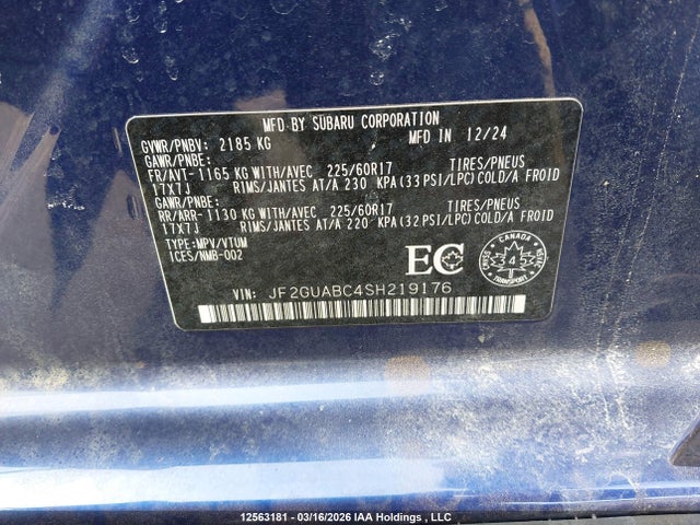 Aukcja sprzedaży 2025 Subaru Crosstrek, vin: JF2GUABC4SH219176, numer aukcji: 12563181