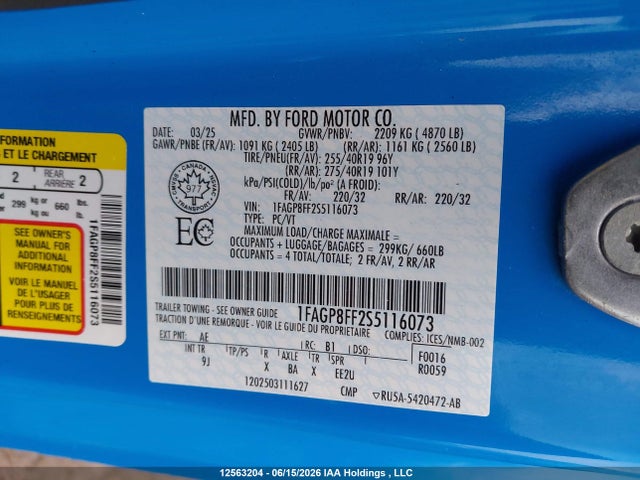Продаж на аукціоні авто 2025 Ford Mustang, vin: 1FAGP8FF2S5116073, номер лоту: 12563204