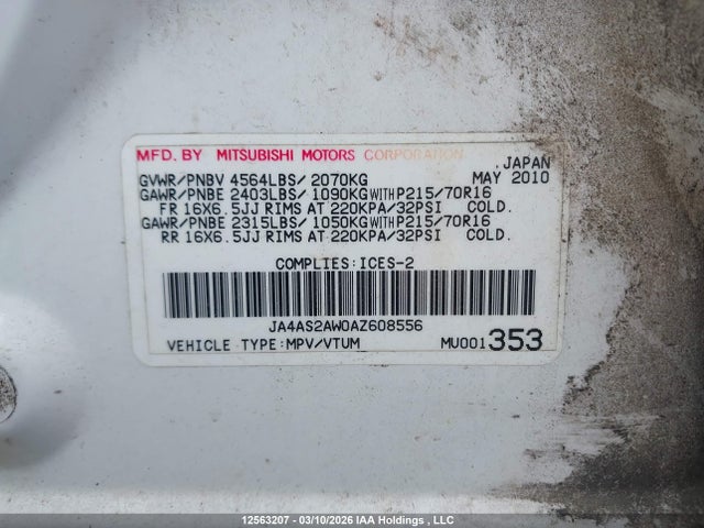 12563207 :رقم المزاد ، JA4AS2AW0AZ608556 vin ، 2010 Mitsubishi Outlander Es مزاد بيع