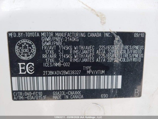 Aukcja sprzedaży 2011 Toyota Rav4 Base V6, vin: 2T3BK4DV2BW038327, numer aukcji: 12563211