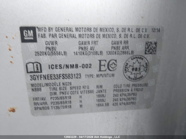 Продаж на аукціоні авто 2015 Cadillac Srx Luxury, vin: 3GYFNEE33FS583123, номер лоту: 12563229